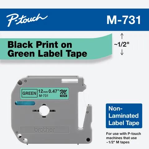Brother P-touch M-731 non-laminated label tape cartridge with black text on green background