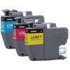 Brother LC402 ink cartridges in cyan, magenta, and yellow with waste toner box