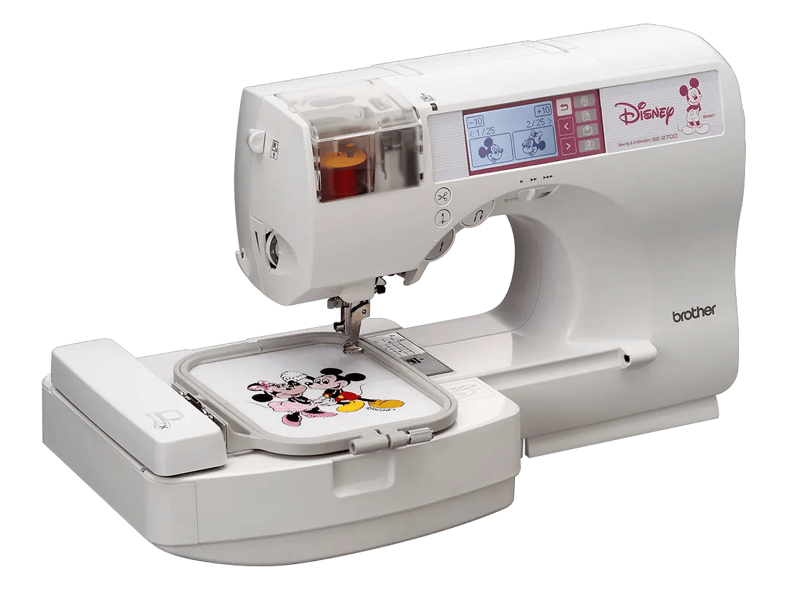 Brother SE270D sewing and embroidery machine with Disney character designs on LCD screen