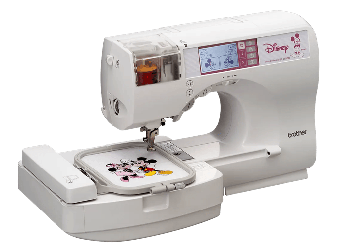Brother SE270D sewing and embroidery machine with Disney character designs on LCD screen