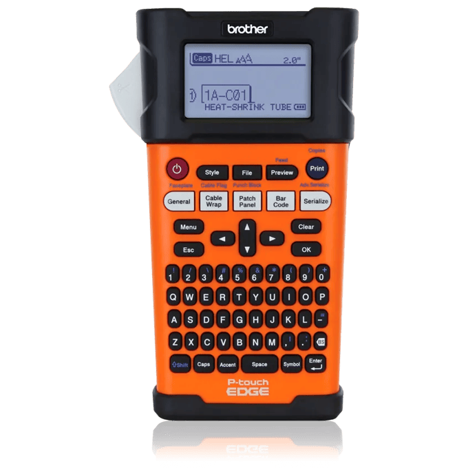 Brother PT-E300 industrial label maker with QWERTY keyboard and LCD display