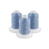 Three spools of Paris blue embroidery thread on white bases