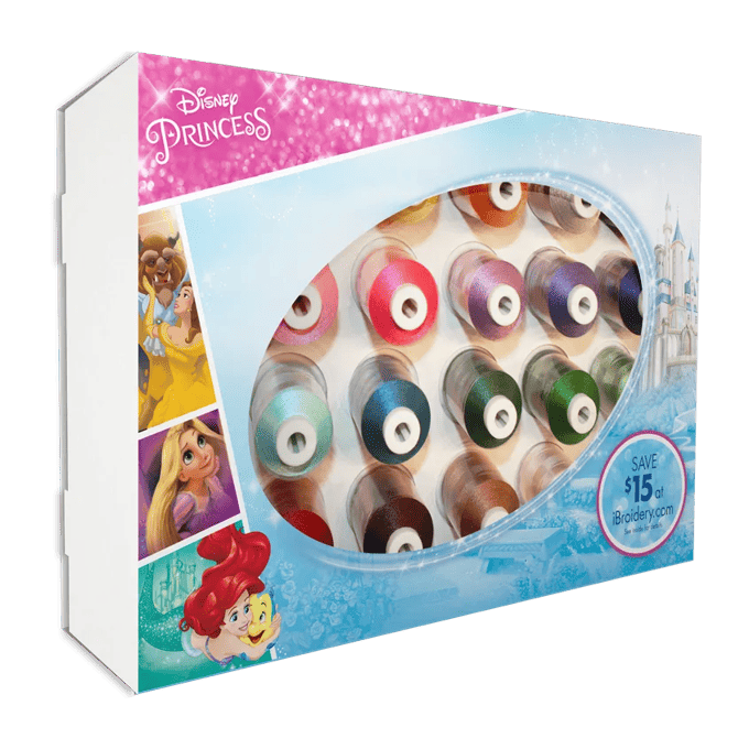 Brother Disney Princess embroidery thread set with 18 colorful spools in display box