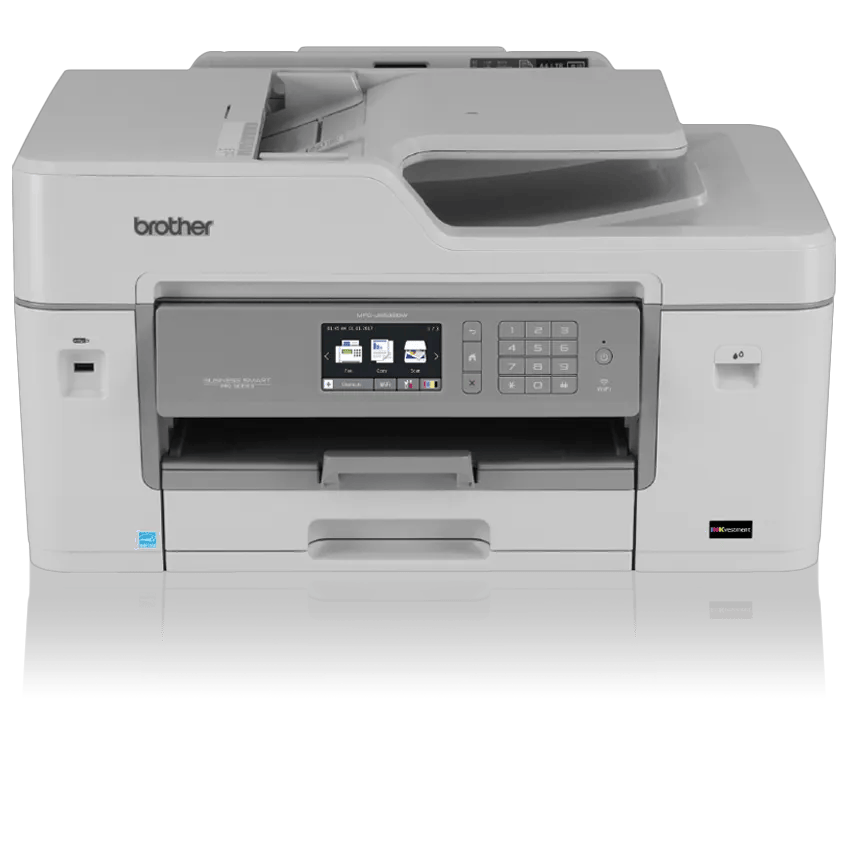 Brother MFC-J6535DW all-in-one color inkjet printer with dual paper trays and touchscreen