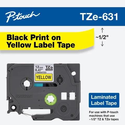 Cartucho de cinta de etiquetas laminadas Brother TZe-631 con texto negro sobre amarillo, 1/2 pulgada