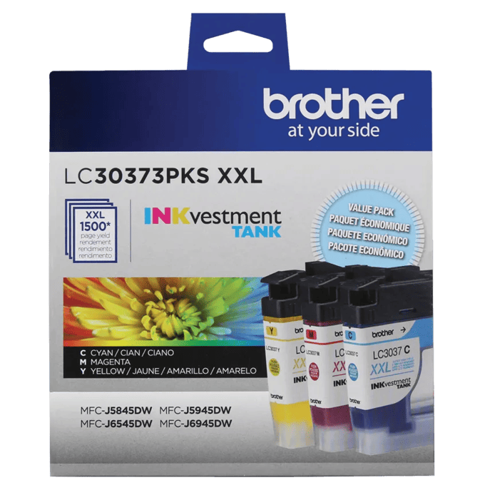 Brother LC30373PKS XXL high-yield ink cartridge 3-pack in cyan, magenta, and yellow