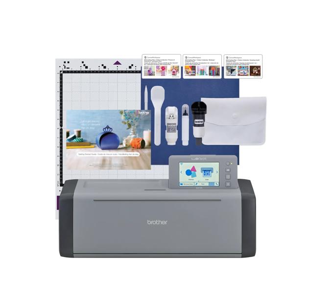 Brother ScanNCut SDX125e cutting machine with touchscreen, tools, mat, and getting started guide