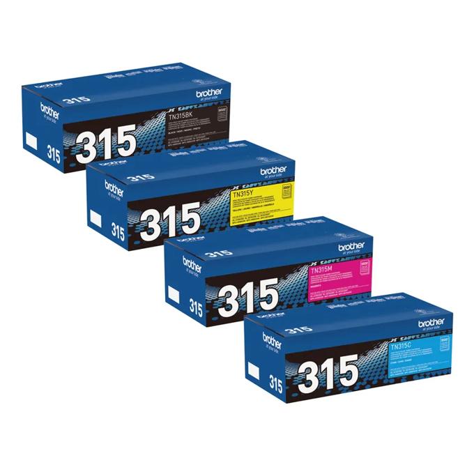 Brother TN315 high-yield toner cartridge bundle in black, yellow, magenta, and cyan