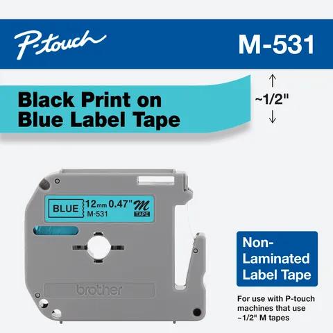 Brother P-touch M-531 non-laminated label tape cartridge with black text on blue background