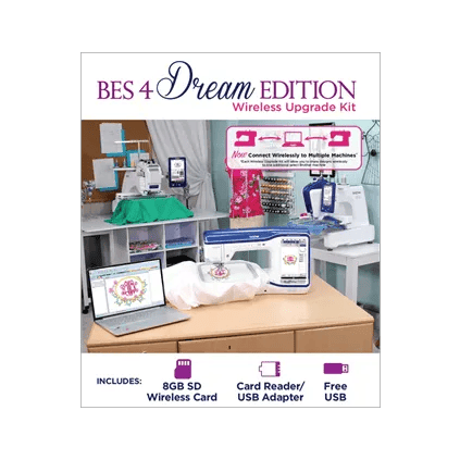 Brother BES 4 Dream Edition wireless upgrade kit with embroidery machine in craft room