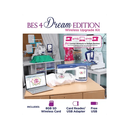 Brother BES 4 Dream Edition wireless upgrade kit with embroidery machine in craft room