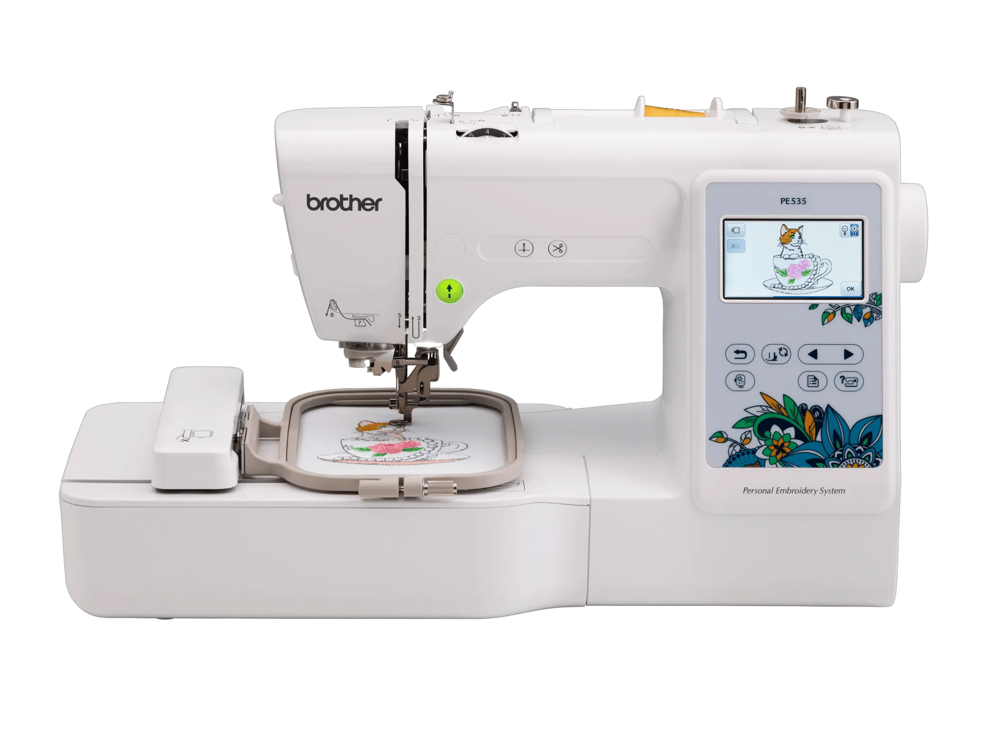 Brother PE535 embroidery machine with color touchscreen and floral design hoop