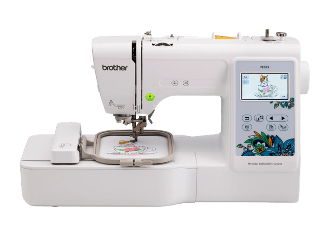Brother PE535 embroidery machine with color touchscreen and floral design hoop