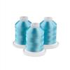 Three powder blue embroidery thread spools on white bases