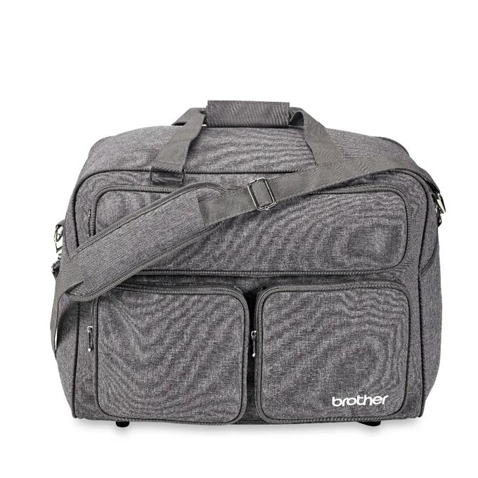 Brother gray sewing machine tote bag with multiple pockets and adjustable shoulder strap