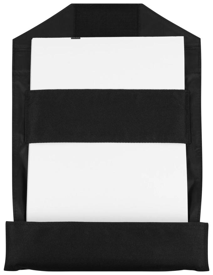 Black roll-up carrying case open with two white paper compartments and storage pocket