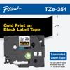 Brother TZe-354 laminated label tape cartridge with gold print on black, 1-inch width