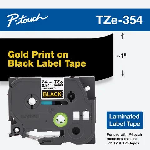 Cartucho de cinta de etiquetas laminadas Brother TZe-354 con impresión dorada sobre negro, 1 pulgada