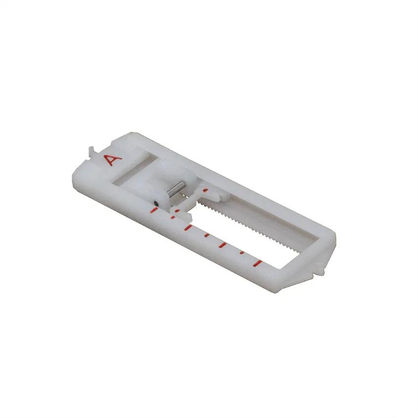 White plastic printer cartridge holder with red alignment markers and metal guide rail