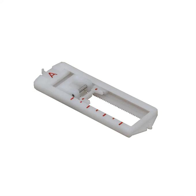 White plastic printer cartridge holder with red alignment markers and metal guide rail