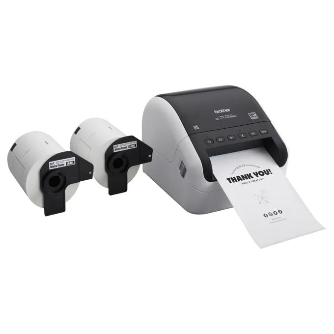 Brother QL-1110NWB wireless label printer bundle with three label rolls printing thank you card