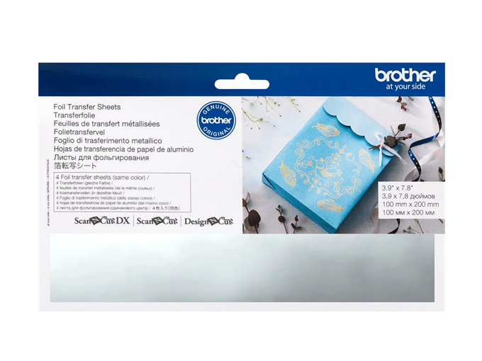 Brother foil transfer sheets packaging with gold metallic design on blue fabric sample