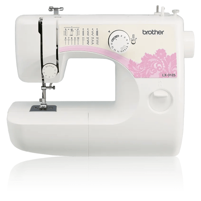 Brother LX-3125 sewing machine with pink lace design and stitch selector dial