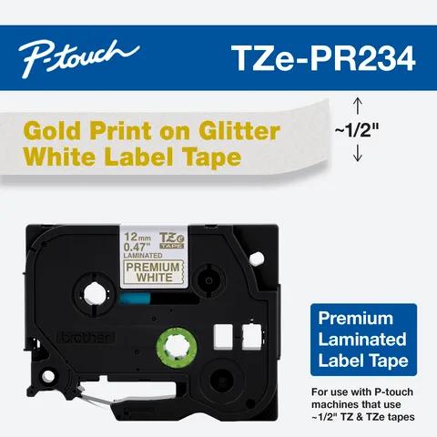 Brother TZe-PR234 premium laminated label tape with gold print on glitter white background