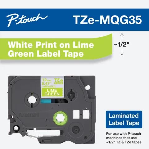 Brother TZe-MQG35 laminated label tape cartridge with white print on lime green background