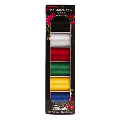 Brother fine embroidery thread set with five colorful spools in white, red, green, yellow, and blue