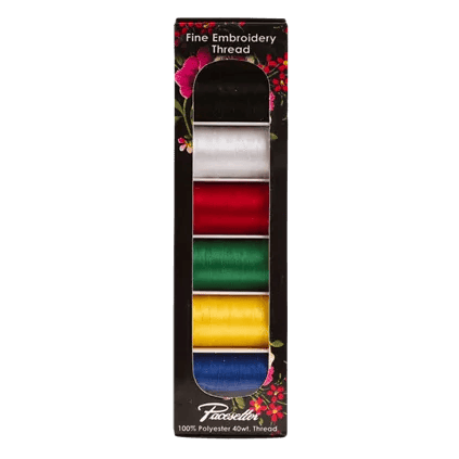 Brother fine embroidery thread set with five colorful spools in white, red, green, yellow, and blue