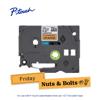 Brother P-touch TZe laminated tape cassette with fluorescent orange label showing organizational uses