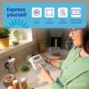 Woman organizing kitchen with Brother label maker featuring 3 fonts, 15 frames, and 250 symbols