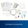 Brother PE570 embroidery machine accessories including hoops, foot pedal, needles, and manual