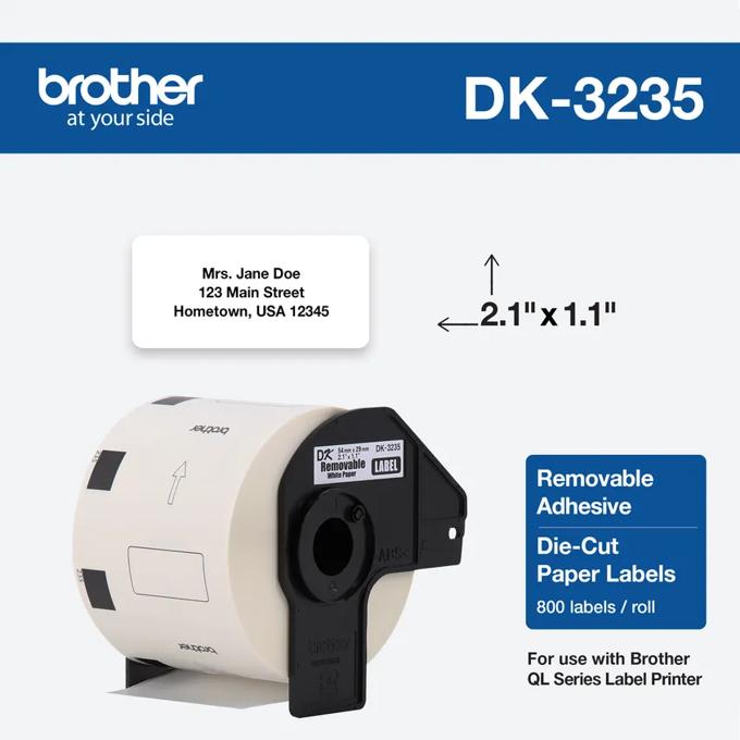 Brother DK-3235 removable adhesive die-cut paper label roll for QL Series printers