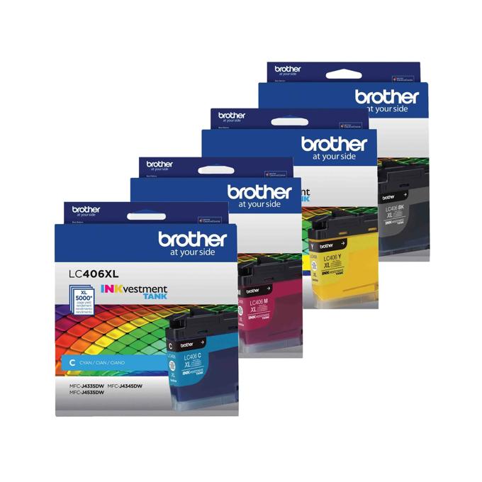 Brother LC406XL high-yield ink cartridge 4-pack with cyan, magenta, yellow, and black tanks