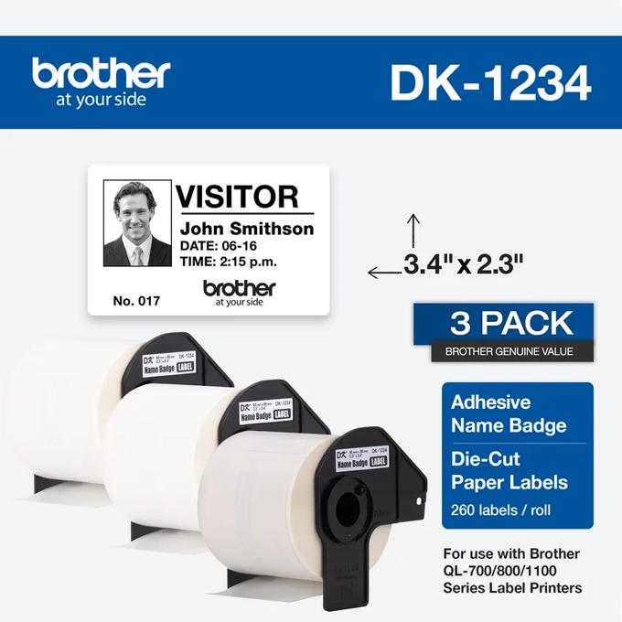 Brother DK-1234 adhesive name badge labels, 3-pack for QL series label printers