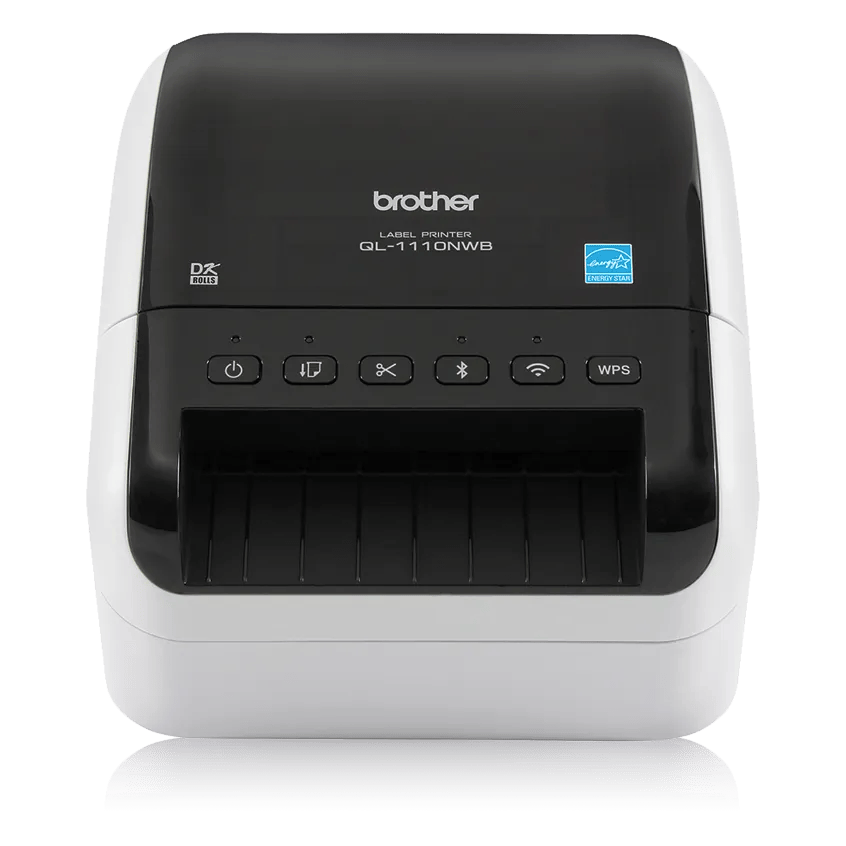 Black and white Brother QL-1110NWB wide-format label printer viewed from the front