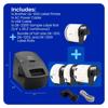 Brother QL-600 label printer with included cables and label rolls on blue background
