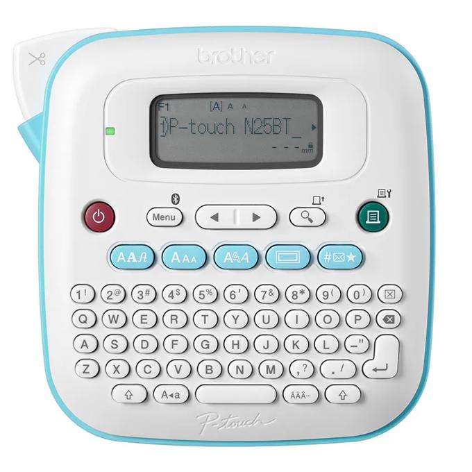 Brother P-touch label maker with QWERTY keyboard and LCD screen in white and teal