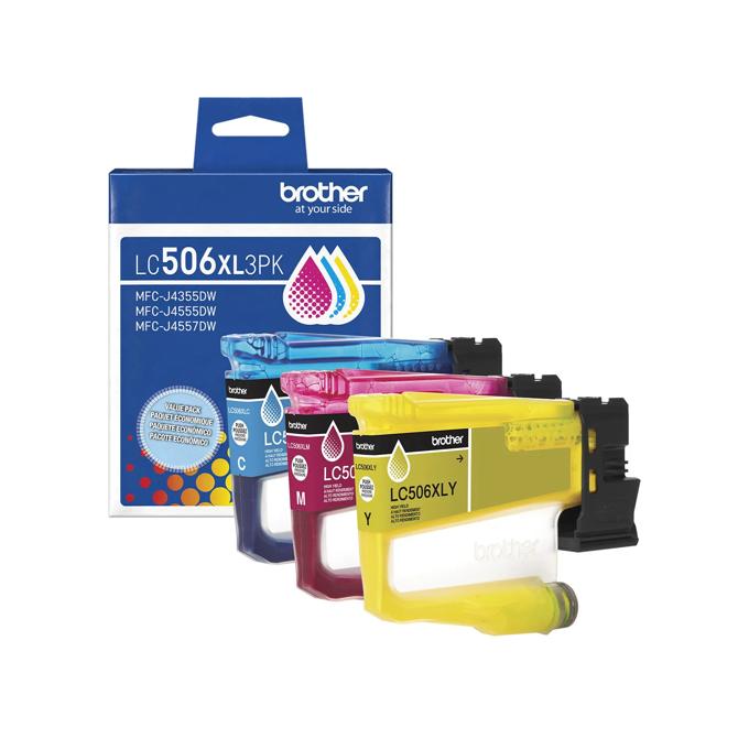 Brother LC506XL high-yield color ink cartridge 3-pack in cyan, magenta, and yellow
