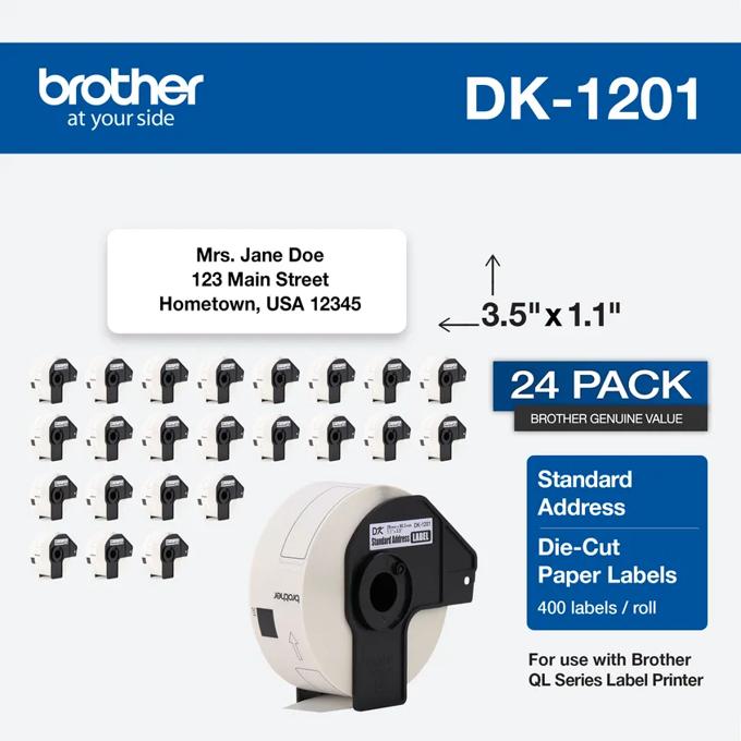 Brother DK-1201 standard address die-cut paper labels, 24-pack for QL Series label printers