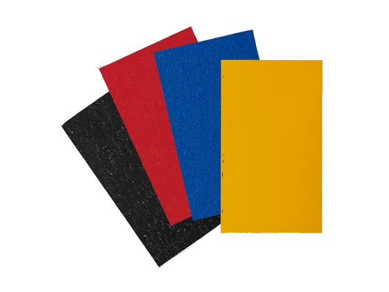 Four textured folder covers in black, red, blue, and yellow arranged in overlapping stack