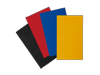 Four textured folder covers in black, red, blue, and yellow arranged in overlapping stack