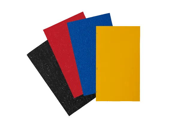 Four textured folder covers in black, red, blue, and yellow arranged in overlapping stack