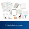 Brother sewing machine accessories including embroidery hoop, presser feet, scissors, and manual