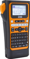 Brother P-touch EDGE label maker with LCD screen, QWERTY keyboard, and orange casing