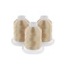 Three gold embroidery thread spools on white bases with white caps