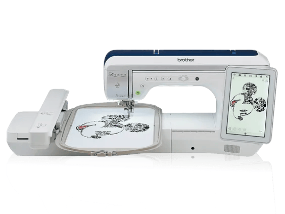 Brother sewing and embroidery machine with touchscreen display and embroidery hoop