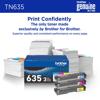 Brother TN635 3-pack color toner cartridges with packaging and printed pages